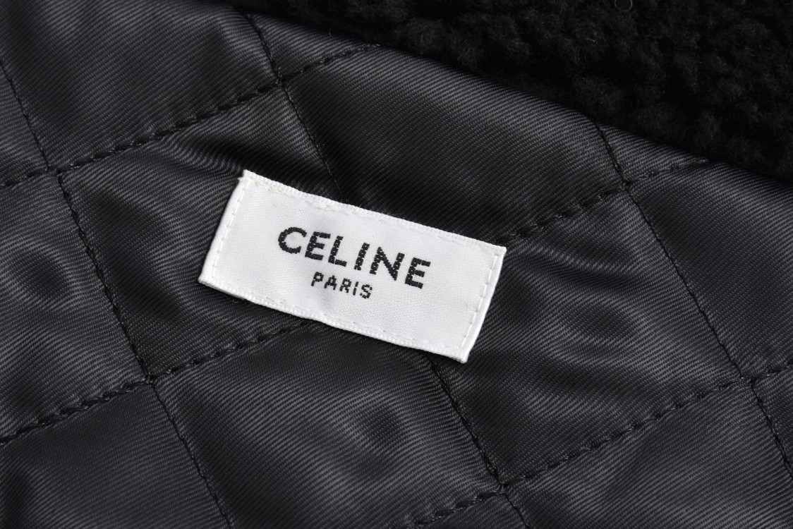 CELINE 赛琳 口袋字母logo羊羔毛泰迪拉链立领夹克 外套 长袖 黑色