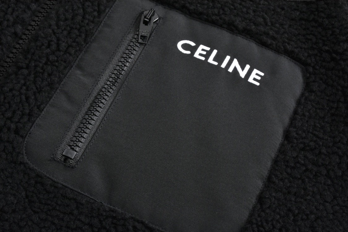 CELINE 赛琳 口袋字母logo羊羔毛泰迪拉链立领夹克 外套 长袖 黑色