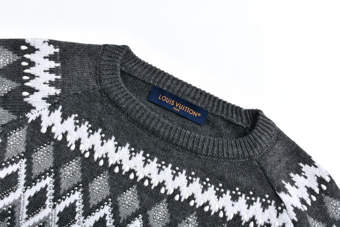 [Copy]LOUIS VUITTON 路易威登 SKI滑雪系列 灰白珠饰点缀圆领毛衣 长袖 灰色 1AGJUT