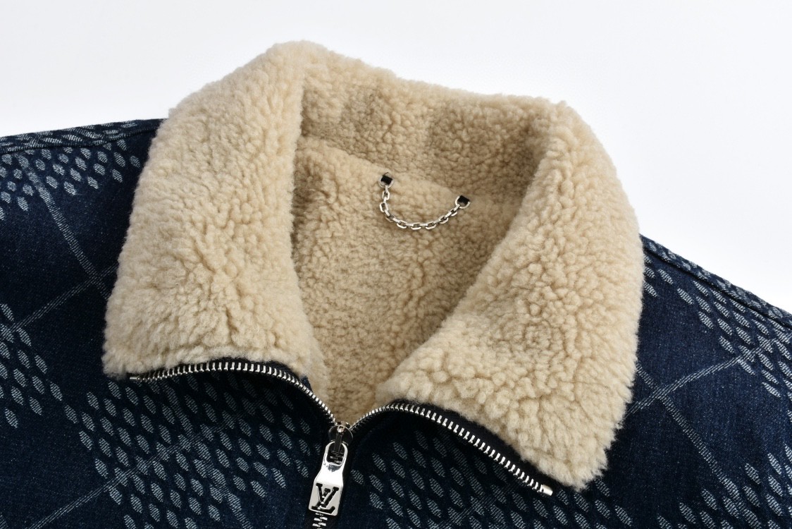 LOUIS VUITTON 路易威登 棋盘格羊羔毛拉链立领牛仔夹克 外套 长袖 蓝色 1AGINO