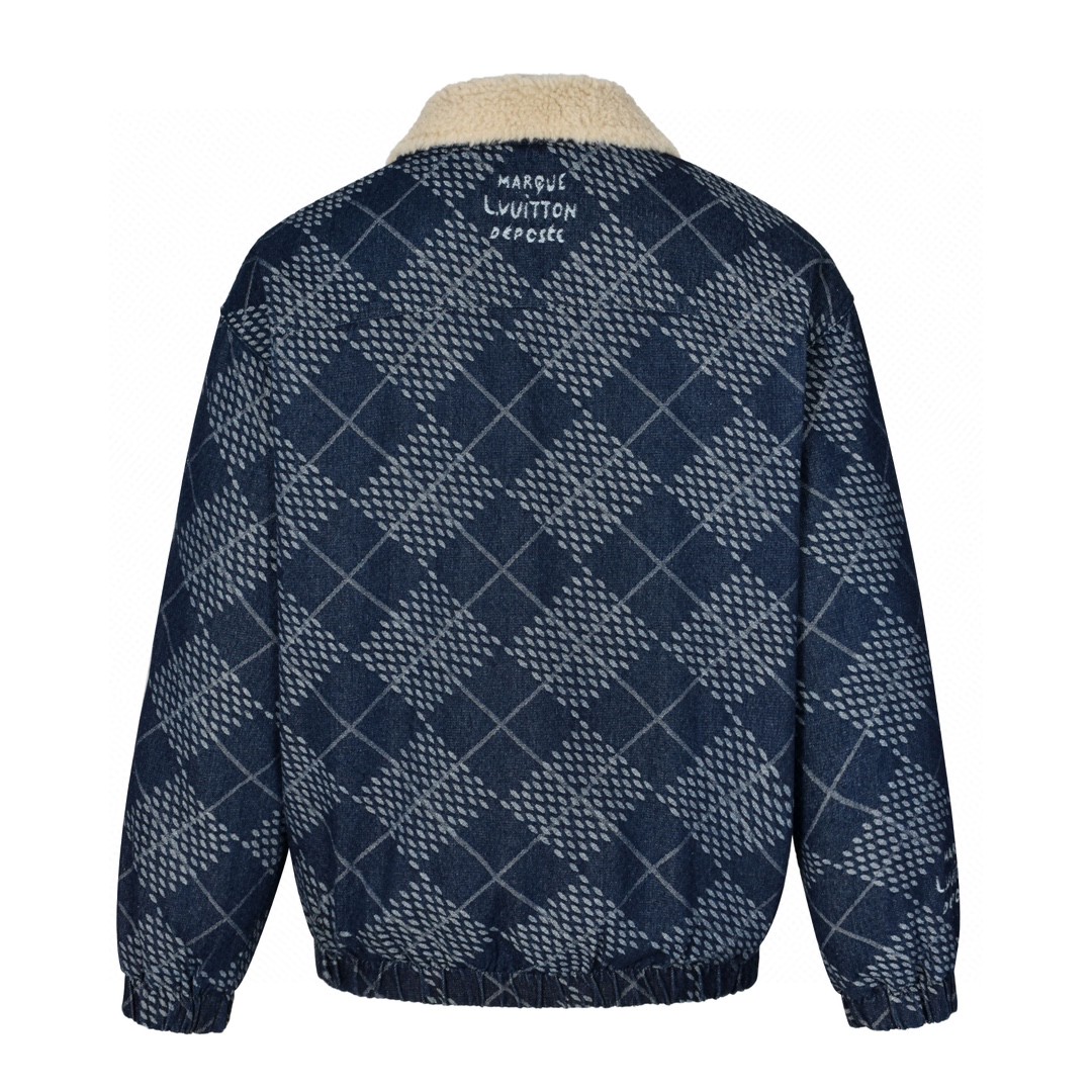 LOUIS VUITTON 路易威登 棋盘格羊羔毛拉链立领牛仔夹克 外套 长袖 蓝色 1AGINO