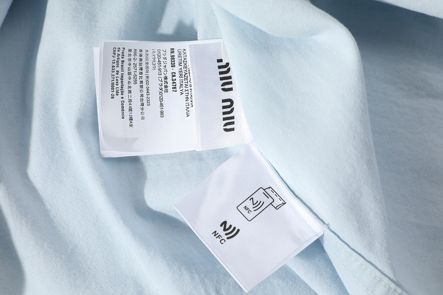 MIU MIU 缪缪 水洗logo贴标单排扣衬衫 外套 长袖 蓝色 GWC120-14UT-F0076-S-OOO