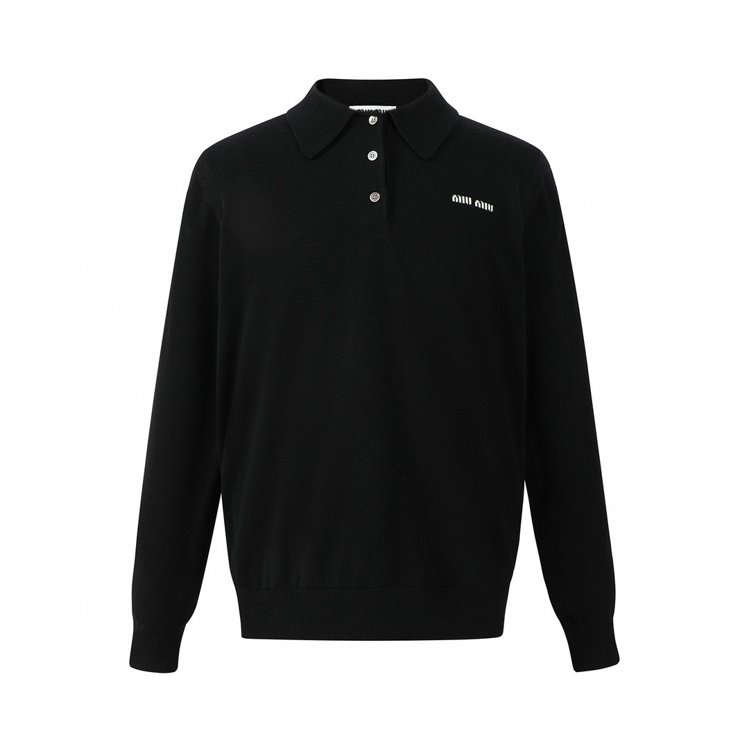 MIU MIU 缪缪 徽标刺绣logo羊毛polo领毛衣 长袖 黑色