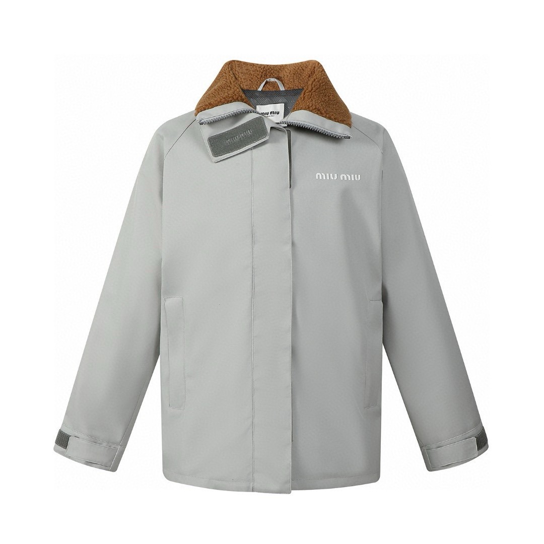 MIU MIU 缪缪 logo字母徽标羊羔毛领拉链冲锋衣 夹克 外套 长袖 白色 钢灰色 ML1093-15RF-F0009-S-OOO