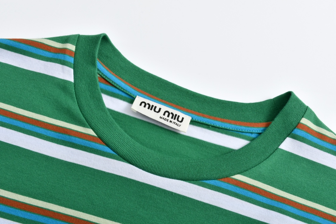 MIU MIU 拼色条纹字母logo徽标圆领短袖 T恤 夏季 咖色 绿色 MJN537-14RT-F03SN-S-OOO