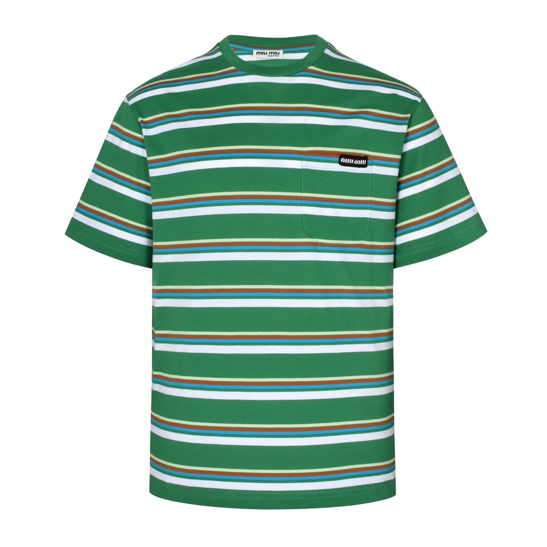 MIU MIU 拼色条纹字母logo徽标圆领短袖 T恤 夏季 咖色 绿色 MJN537-14RT-F03SN-S-OOO