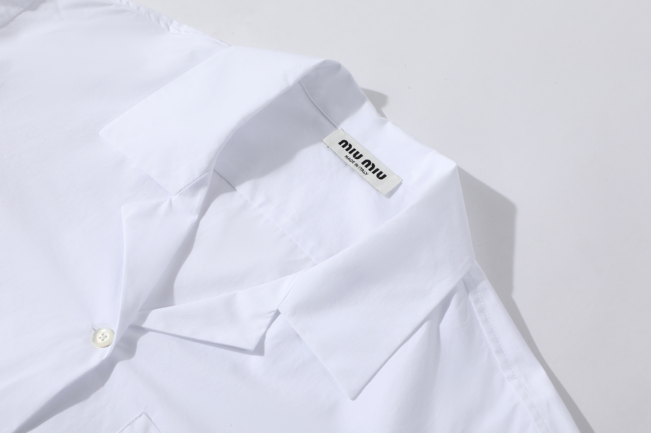 MIU MIU 缪缪 刺绣字母logo单排扣衬衫 长袖 蓝色 白色 MK1884-15UL-F0013-S-OOO