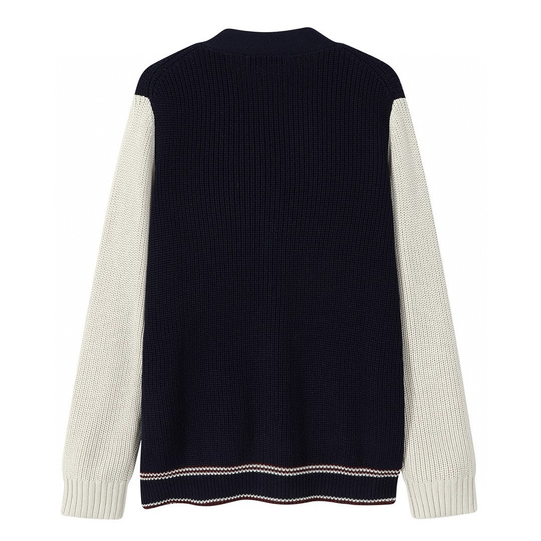 MIU MIU 缪缪 徽标撞色V领羊毛针织衫 开衫 毛衣 外套 长袖 海军蓝 MMF933-1582-F056H-S-OOO