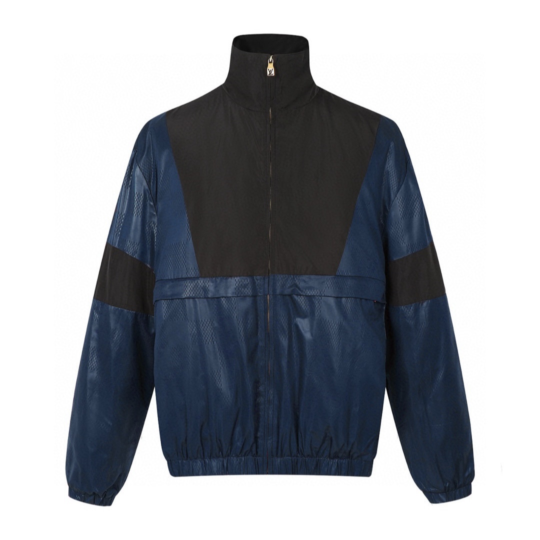 LOUIS VUITTON 路易威登 拼色暗纹棋盘拉链立领风衣夹克 外套 蓝色 1AGISY