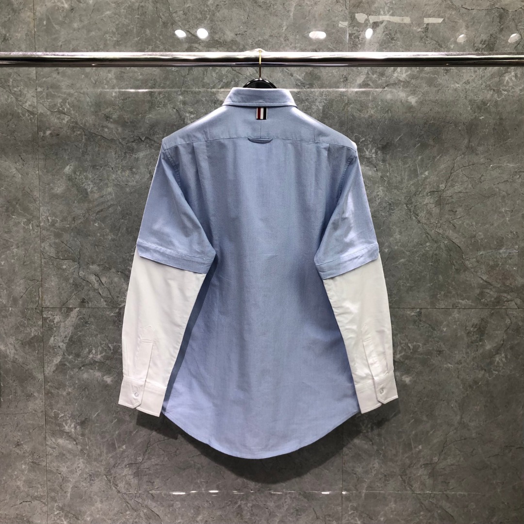 THOM BROWNE 袖子拼接翻领单排扣衬衫 外套 长袖 蓝色 MWL409C-F0313-480