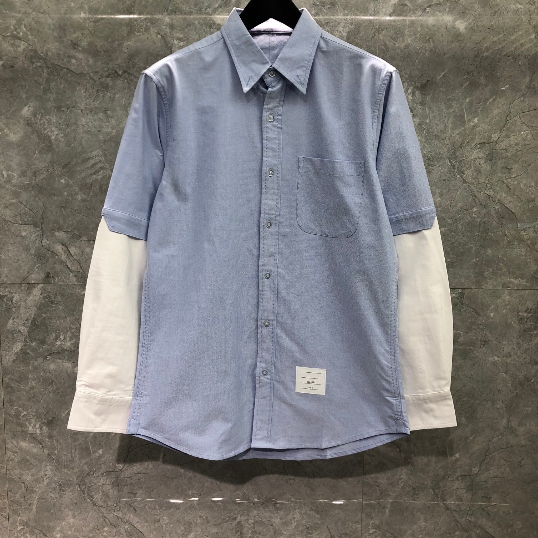 THOM BROWNE 袖子拼接翻领单排扣衬衫 外套 长袖 蓝色 MWL409C-F0313-480