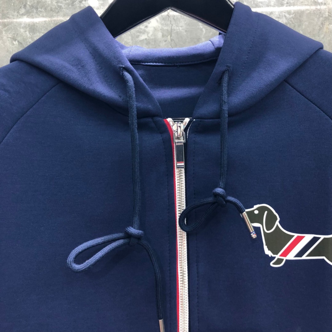 THOM BROWNE 白色四杠小狗印花拉链连帽卫衣 开衫 外套 长袖 天蓝色 灰色 杏色 卡其色 黄色 湖水蓝 军绿色 深蓝色