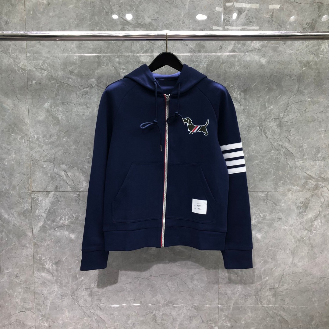 THOM BROWNE 白色四杠小狗印花拉链连帽卫衣 开衫 外套 长袖 天蓝色 灰色 杏色 卡其色 黄色 湖水蓝 军绿色 深蓝色