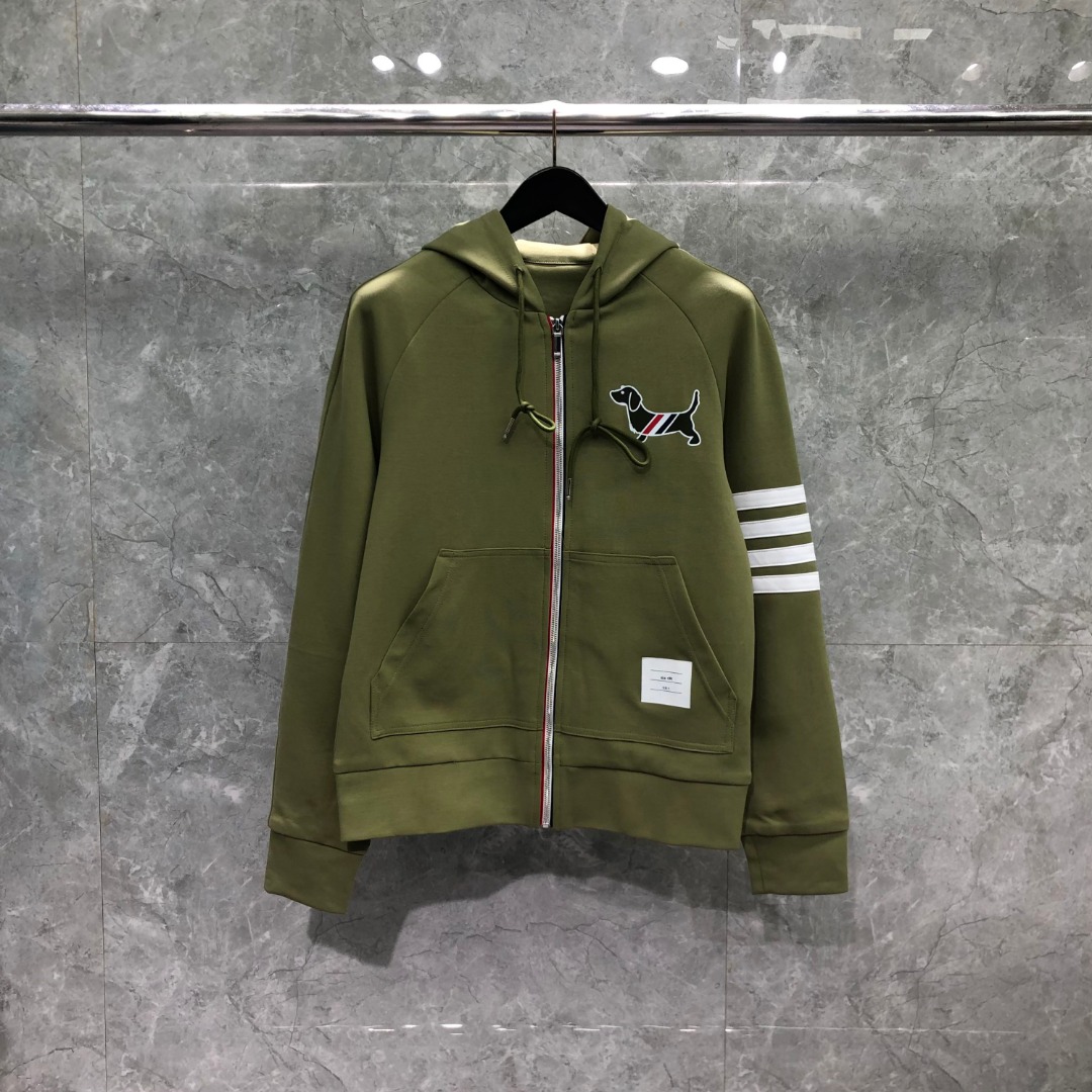 THOM BROWNE 白色四杠小狗印花拉链连帽卫衣 开衫 外套 长袖 天蓝色 灰色 杏色 卡其色 黄色 湖水蓝 军绿色 深蓝色