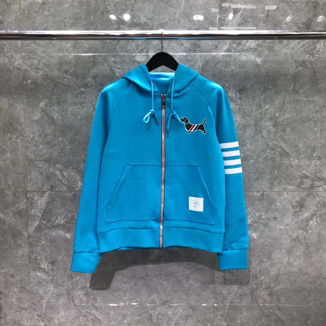 THOM BROWNE 白色四杠小狗印花拉链连帽卫衣 开衫 外套 长袖 天蓝色 灰色 杏色 卡其色 黄色 湖水蓝 军绿色 深蓝色