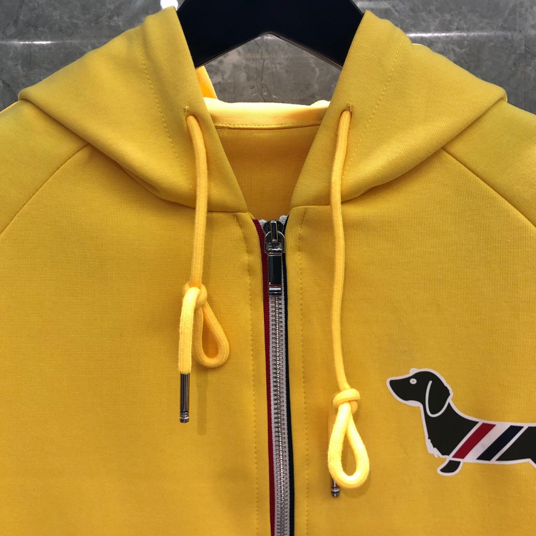 THOM BROWNE 白色四杠小狗印花拉链连帽卫衣 开衫 外套 长袖 天蓝色 灰色 杏色 卡其色 黄色 湖水蓝 军绿色 深蓝色