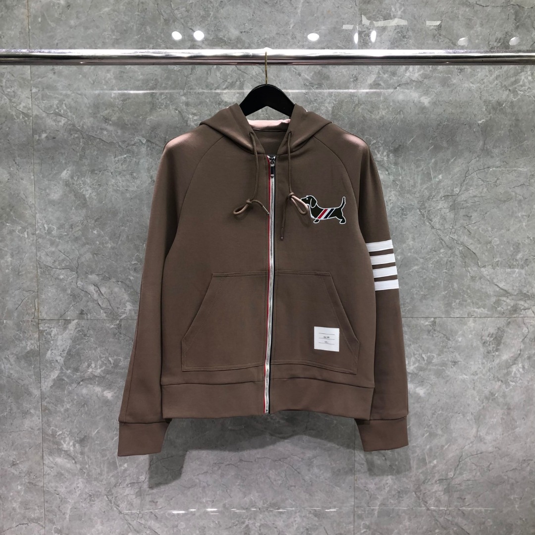 THOM BROWNE 白色四杠小狗印花拉链连帽卫衣 开衫 外套 长袖 天蓝色 灰色 杏色 卡其色 黄色 湖水蓝 军绿色 深蓝色
