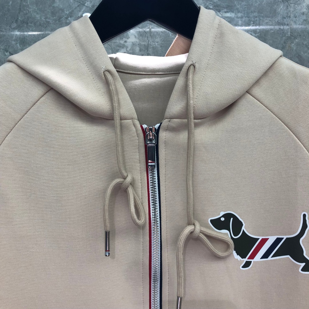 THOM BROWNE 白色四杠小狗印花拉链连帽卫衣 开衫 外套 长袖 天蓝色 灰色 杏色 卡其色 黄色 湖水蓝 军绿色 深蓝色