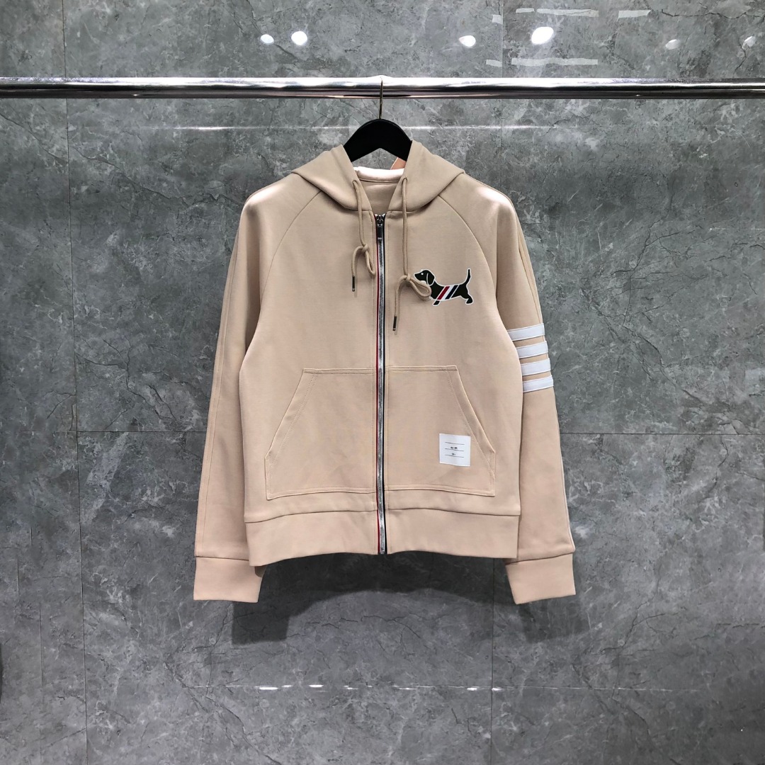 THOM BROWNE 白色四杠小狗印花拉链连帽卫衣 开衫 外套 长袖 天蓝色 灰色 杏色 卡其色 黄色 湖水蓝 军绿色 深蓝色