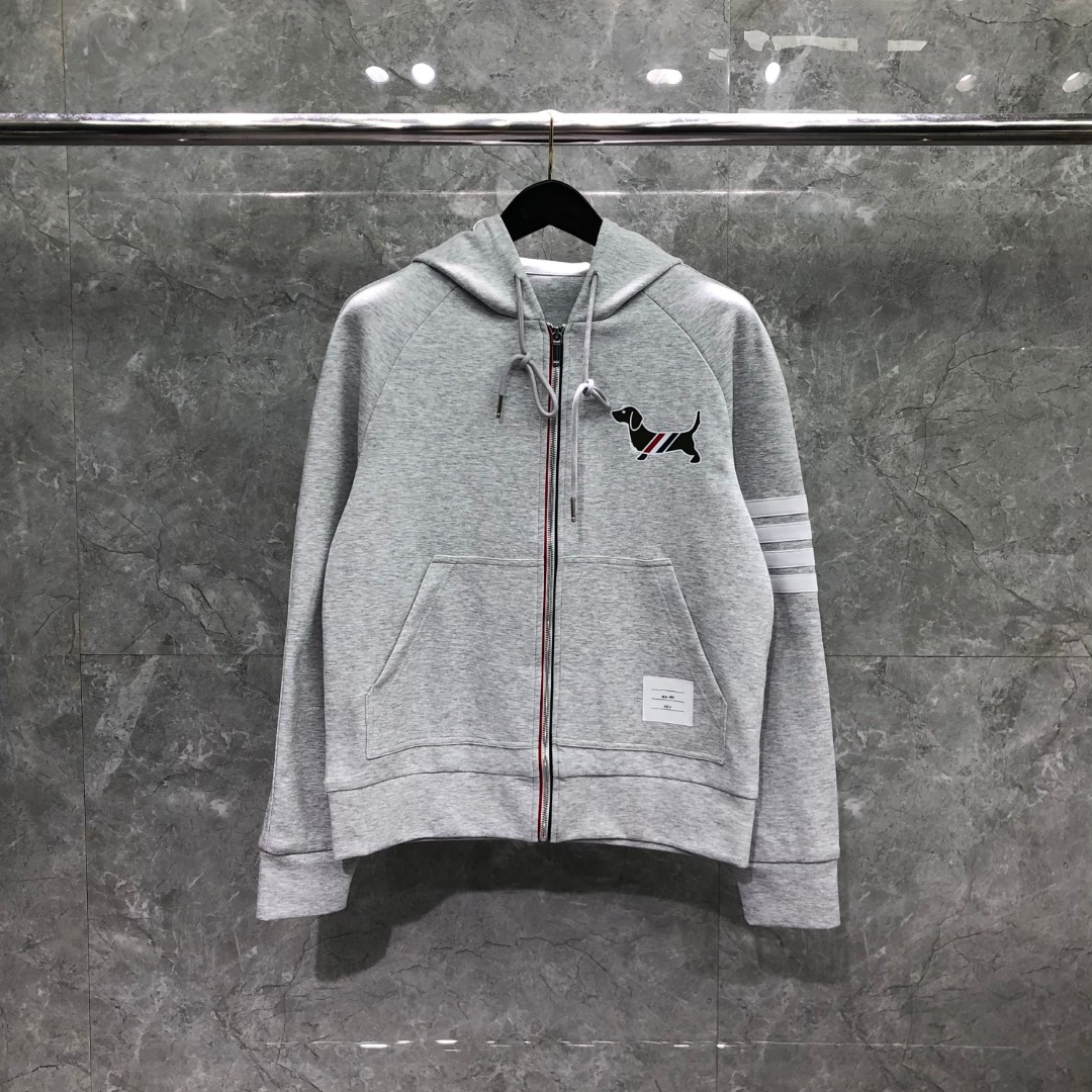 THOM BROWNE 白色四杠小狗印花拉链连帽卫衣 开衫 外套 长袖 天蓝色 灰色 杏色 卡其色 黄色 湖水蓝 军绿色 深蓝色