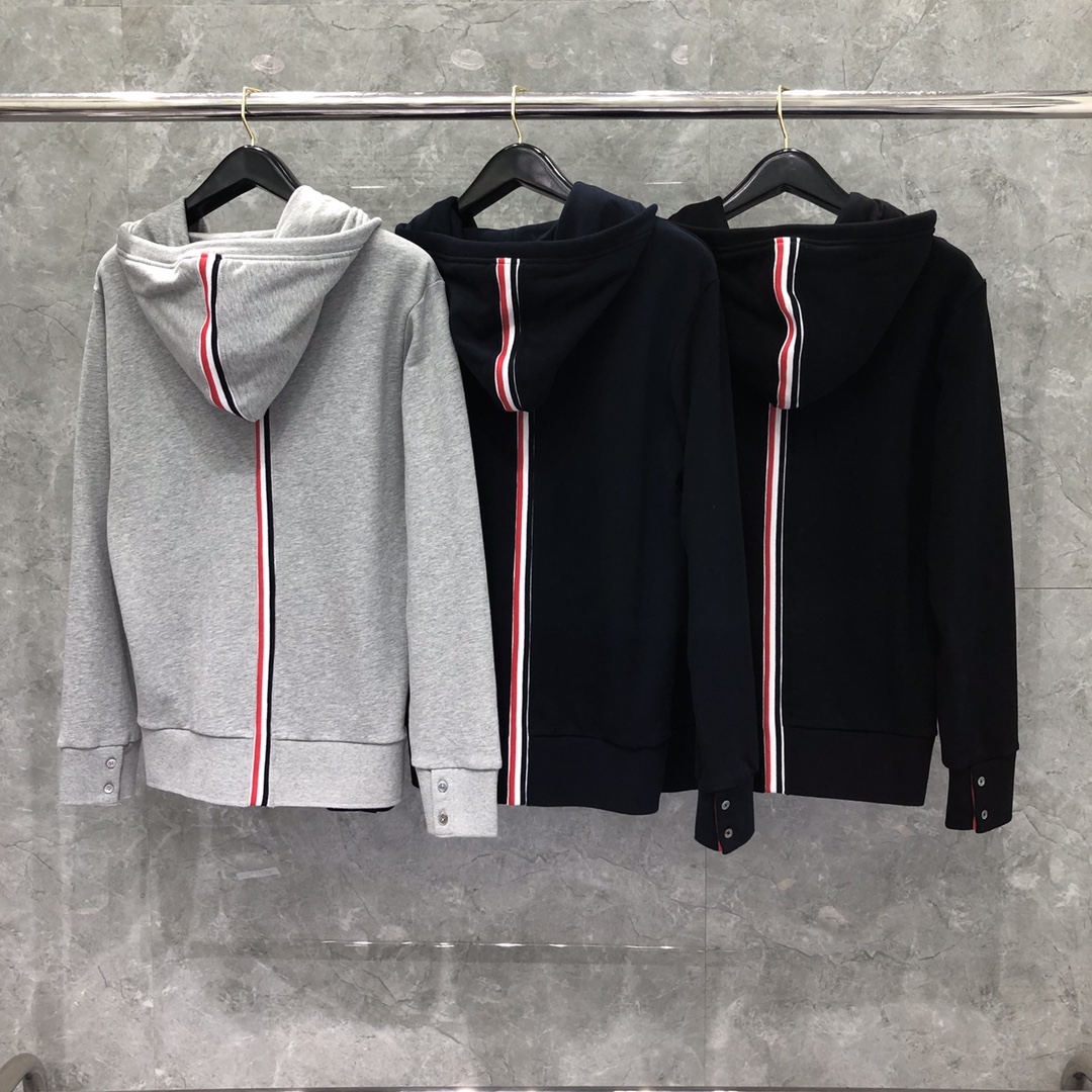 THOM BROWNE 后织带拉链连帽卫衣 长袖 灰色 藏青色 黑色