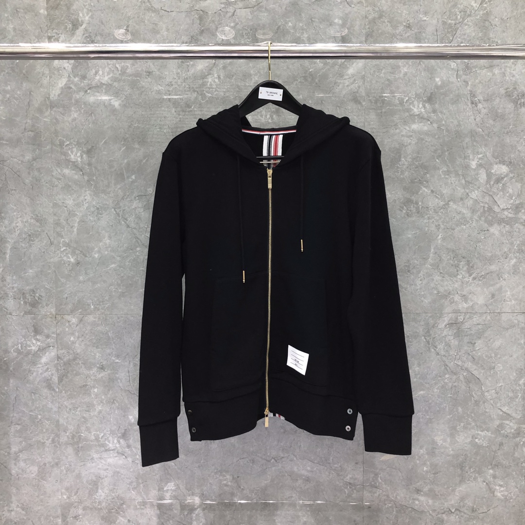 THOM BROWNE 后织带拉链连帽卫衣 长袖 灰色 藏青色 黑色