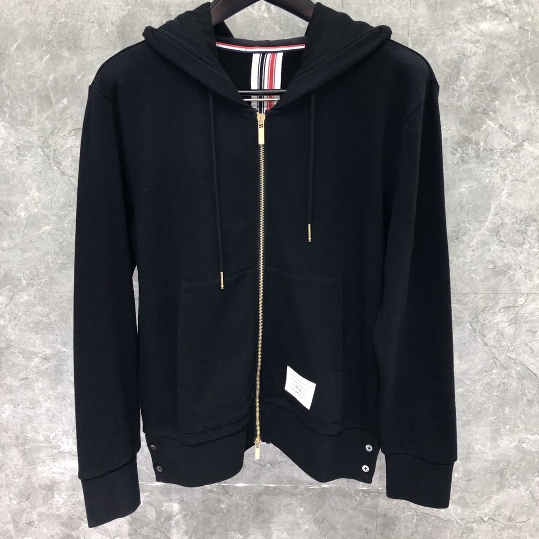 THOM BROWNE 后织带拉链连帽卫衣 长袖 灰色 藏青色 黑色