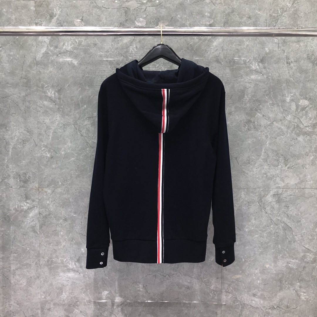 THOM BROWNE 后织带拉链连帽卫衣 长袖 灰色 藏青色 黑色