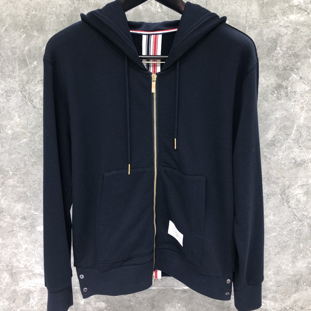 THOM BROWNE 后织带拉链连帽卫衣 长袖 灰色 藏青色 黑色