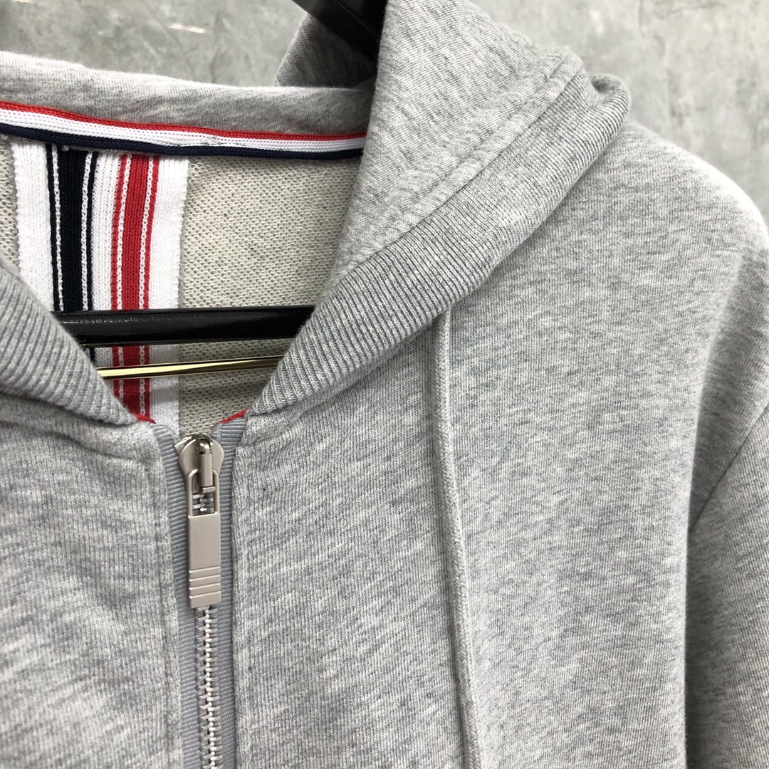 THOM BROWNE 后织带拉链连帽卫衣 长袖 灰色 藏青色 黑色