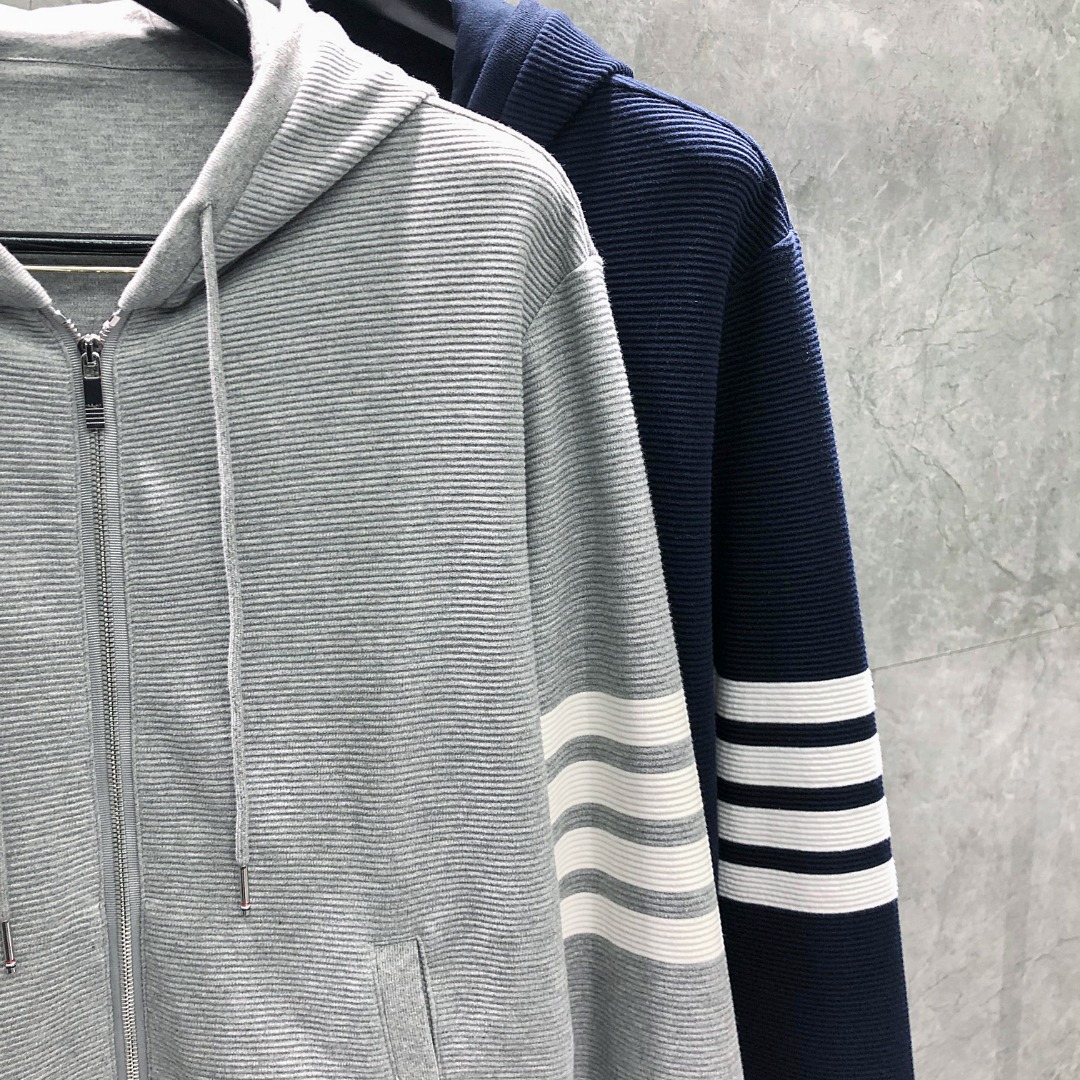 THOM BROWNE 经典四杠拉链连帽卫衣 长袖 藏青色 灰色 