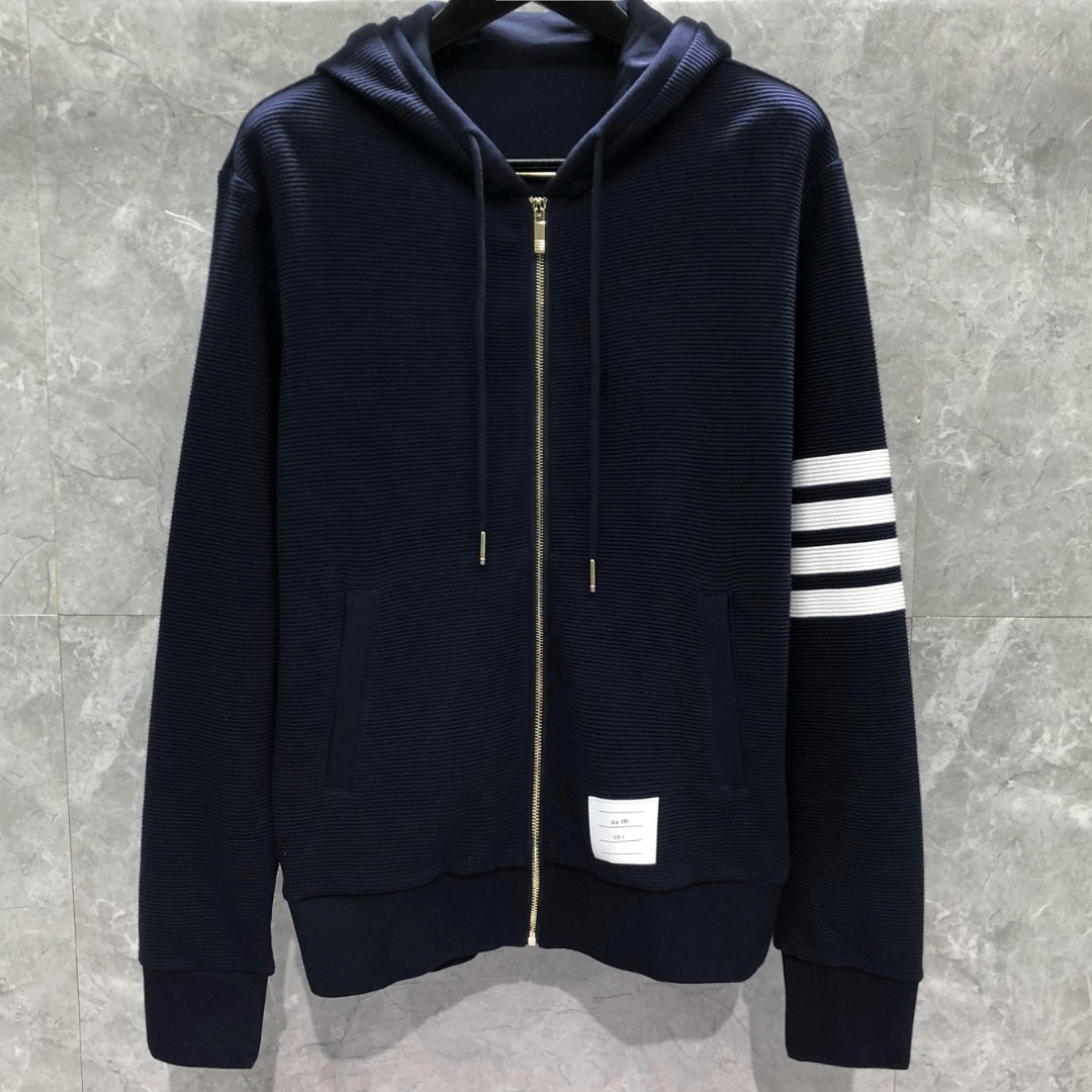 THOM BROWNE 经典四杠拉链连帽卫衣 长袖 藏青色 灰色 