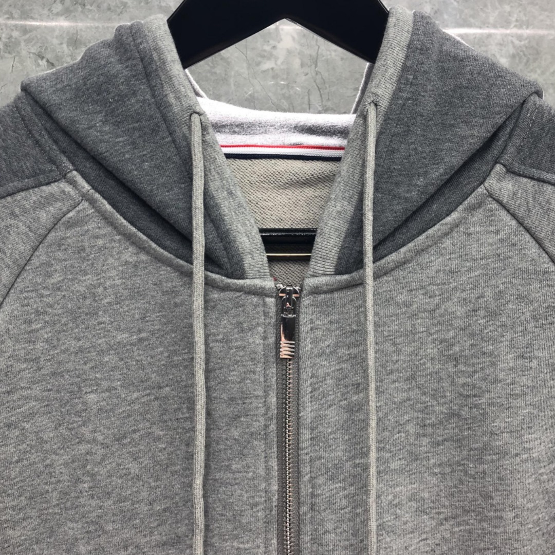 THOM BROWNE 灰色四杠拼色拉链连帽卫衣 长袖 灰色
