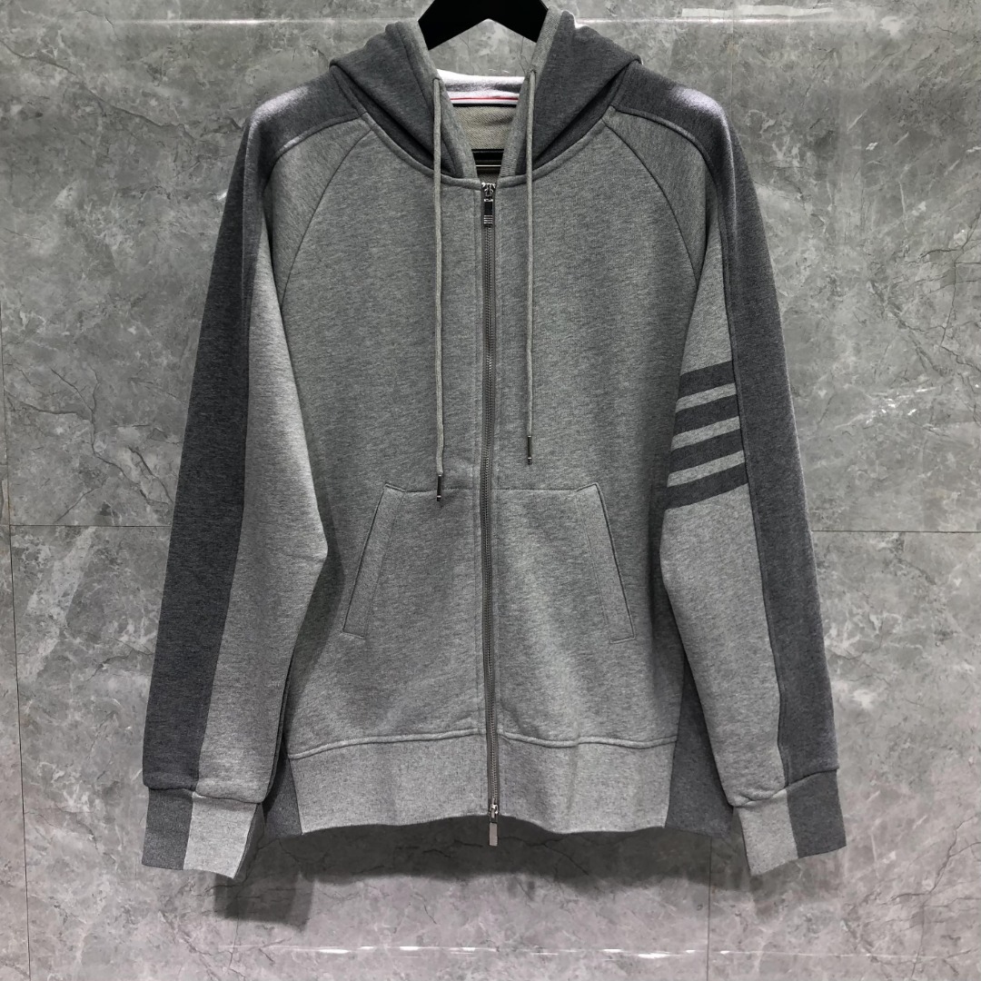 THOM BROWNE 灰色四杠拼色拉链连帽卫衣 长袖 灰色