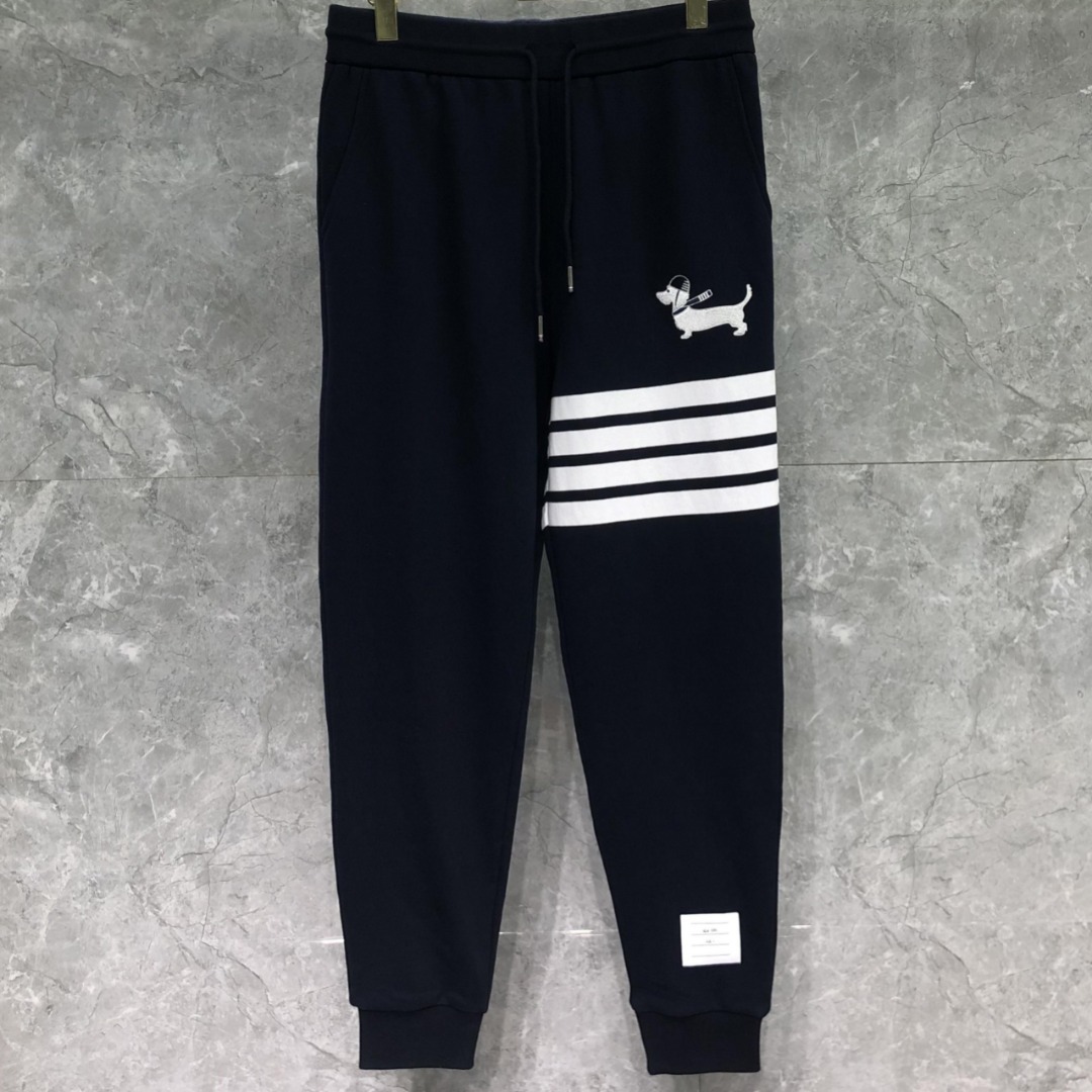 THOM BROWNE 经典四杠小狗刺绣图案松紧腰卫裤 运动裤 休闲裤 裤子 藏青色 灰色 