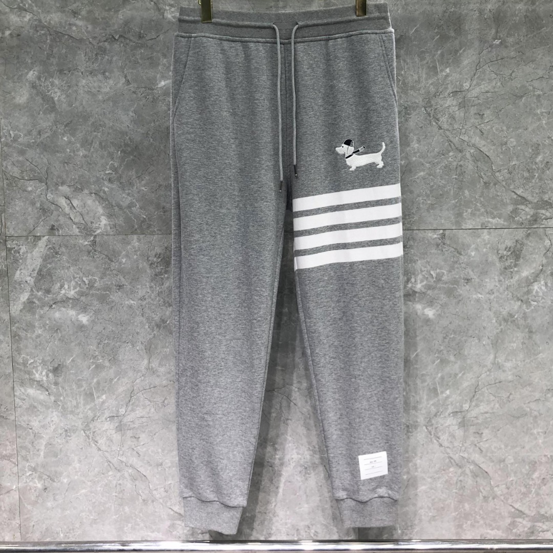THOM BROWNE 经典四杠小狗刺绣图案松紧腰卫裤 运动裤 休闲裤 裤子 藏青色 灰色 