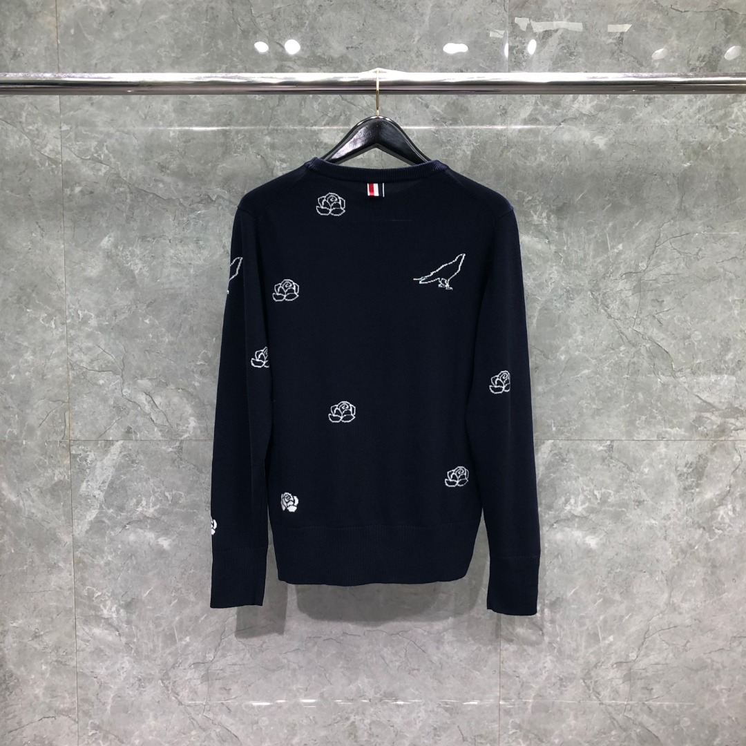 THOM BROWNE 玫瑰小鸟图案羊毛圆领毛衣 针织衫 长袖 藏青色