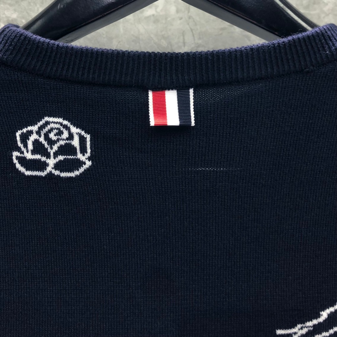 THOM BROWNE 玫瑰小鸟图案羊毛圆领毛衣 针织衫 长袖 藏青色