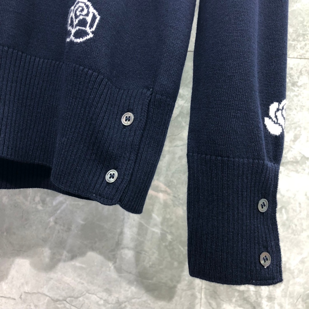 THOM BROWNE 玫瑰小鸟图案羊毛圆领毛衣 针织衫 长袖 藏青色