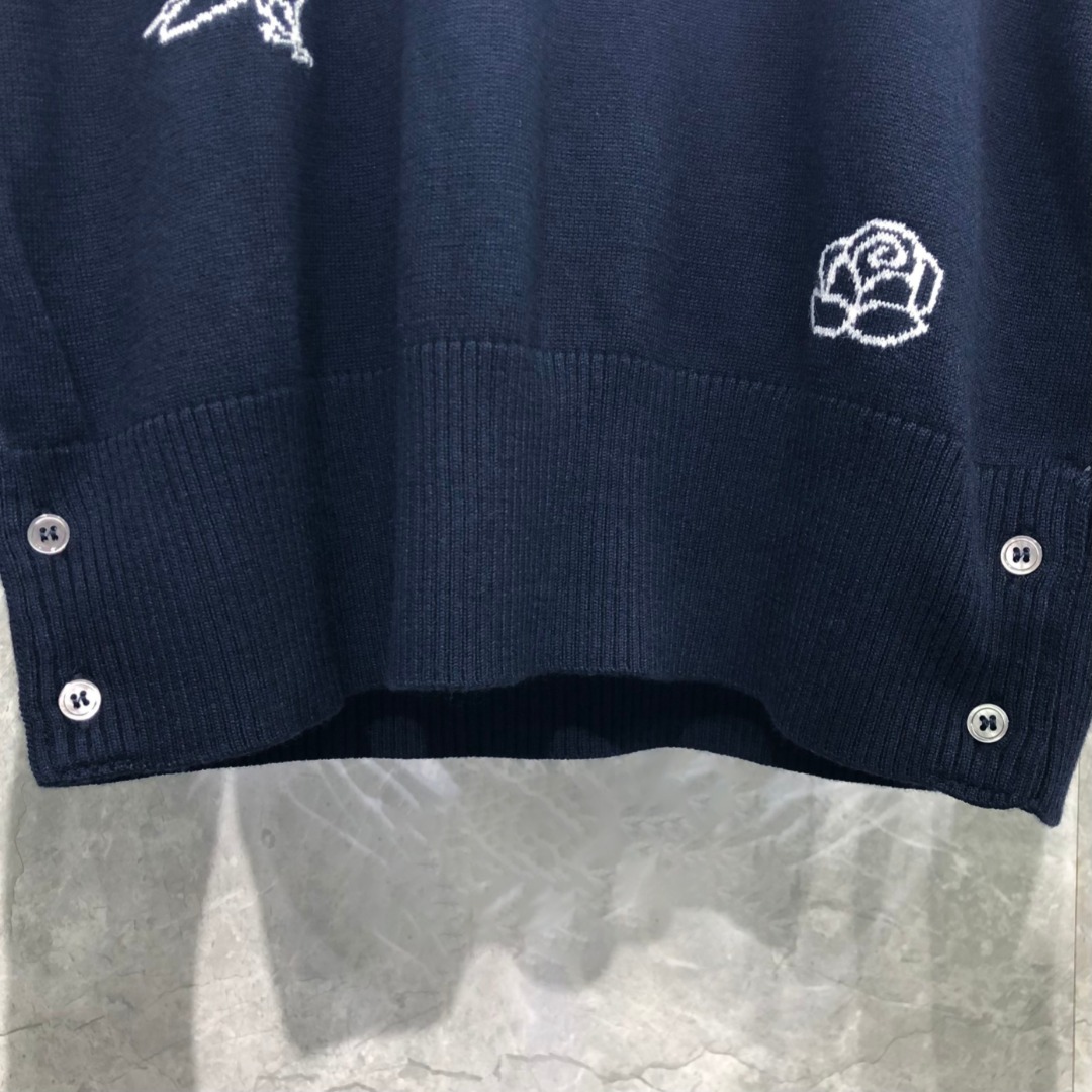 THOM BROWNE 玫瑰小鸟图案羊毛圆领毛衣 针织衫 长袖 藏青色
