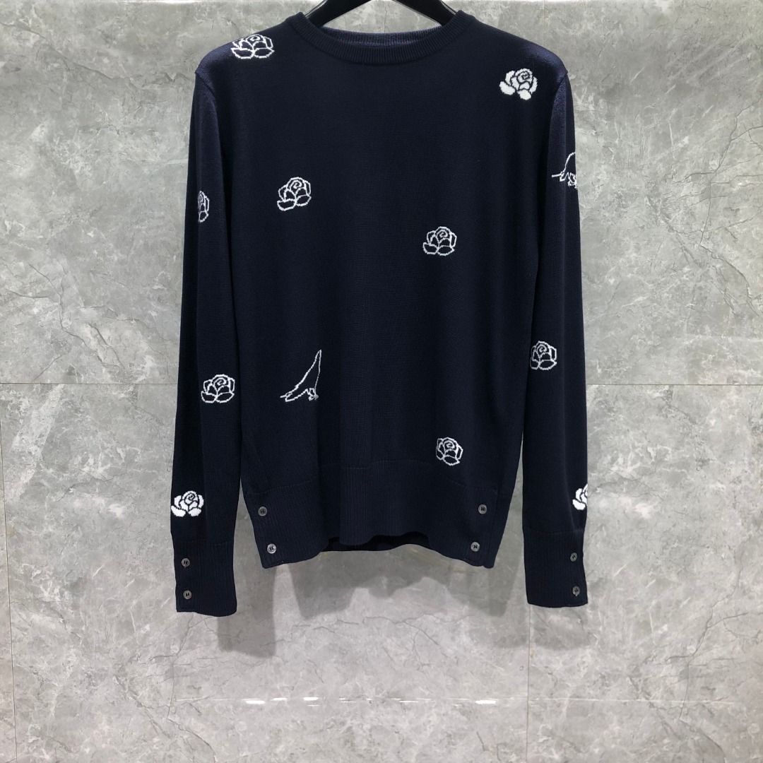 THOM BROWNE 玫瑰小鸟图案羊毛圆领毛衣 针织衫 长袖 藏青色
