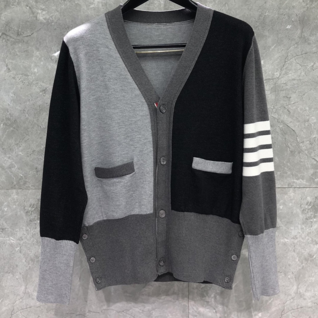 THOM BROWNE 经典四杠拼色V领针织衫 开衫 毛衣 外套 长袖 灰色