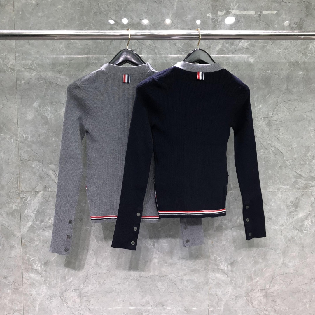 THOM BROWNE 领带V领针织衫 开衫 毛衣 长袖 灰色 藏青色