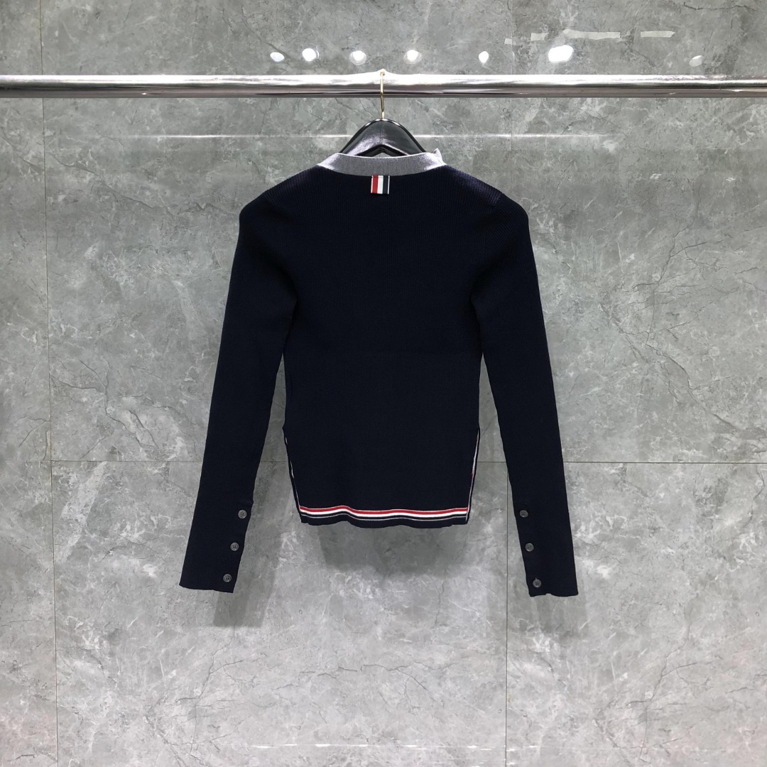 THOM BROWNE 领带V领针织衫 开衫 毛衣 长袖 灰色 藏青色