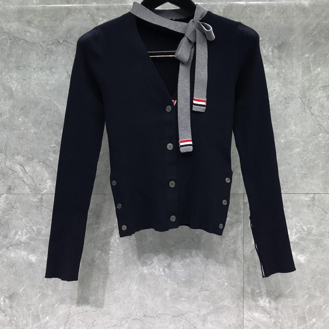 THOM BROWNE 领带V领针织衫 开衫 毛衣 长袖 灰色 藏青色