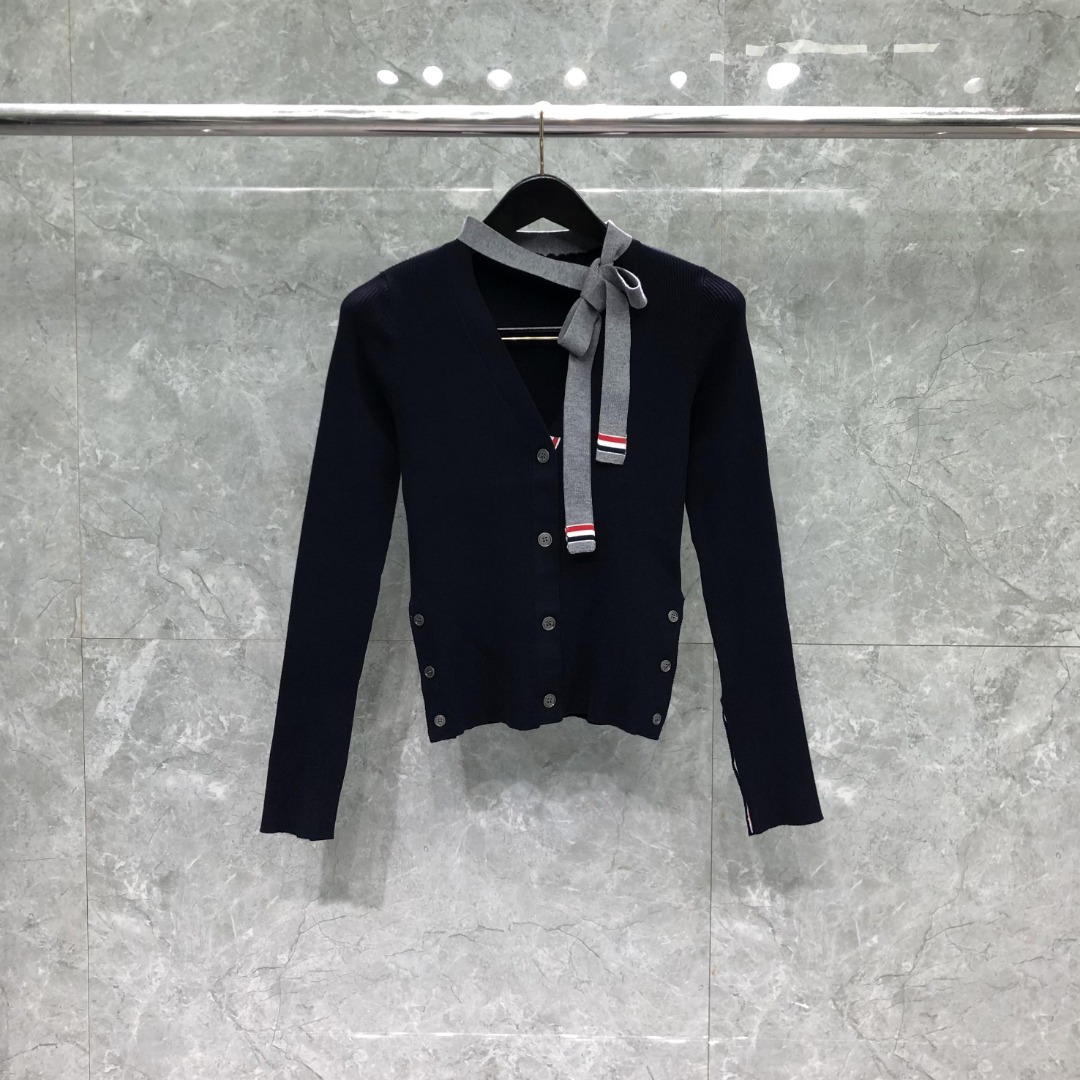 THOM BROWNE 领带V领针织衫 开衫 毛衣 长袖 灰色 藏青色