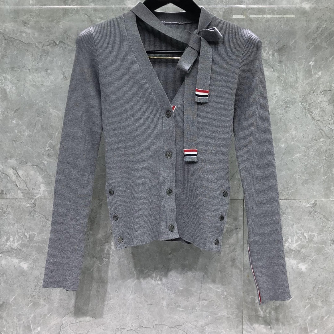 THOM BROWNE 领带V领针织衫 开衫 毛衣 长袖 灰色 藏青色