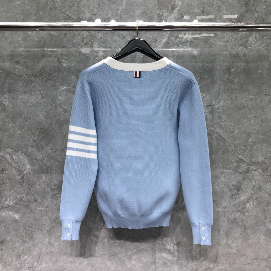 THOM BROWNE 舞狮小狗图案拼色V领针织衫 开衫 毛衣 外套 长袖 蓝色 