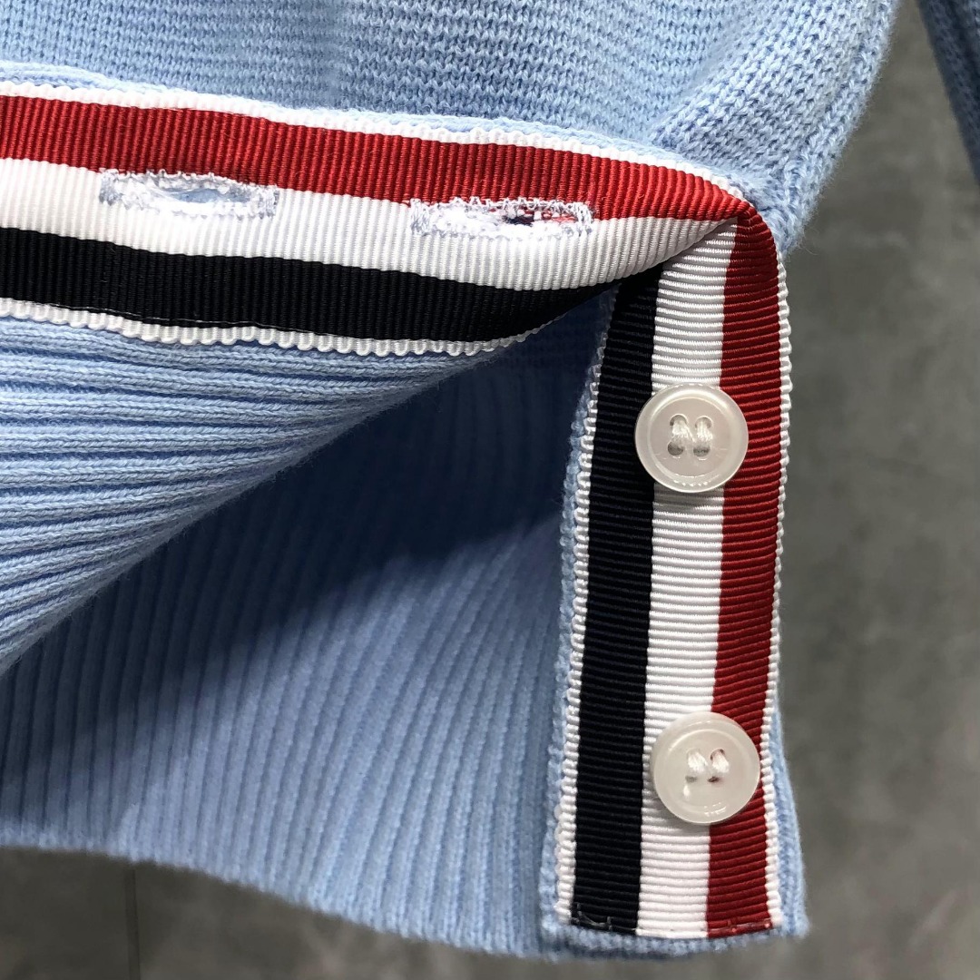 THOM BROWNE 舞狮小狗图案拼色V领针织衫 开衫 毛衣 外套 长袖 蓝色 