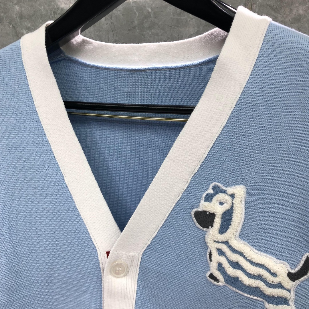 THOM BROWNE 舞狮小狗图案拼色V领针织衫 开衫 毛衣 外套 长袖 蓝色 